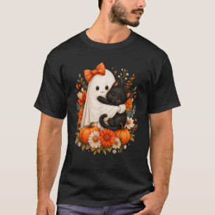 Halloween Süße Geist Katze Kürbis Floral Bogen Mäd T-Shirt
