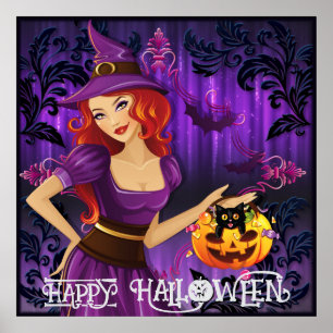 Halloween Süße Gruselige Whimsical Hexe Lila Poster