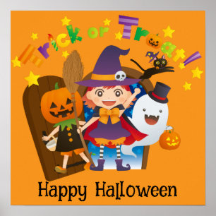 Halloween Süße Lustige Whimsical Hexen Mädchen Ora Poster