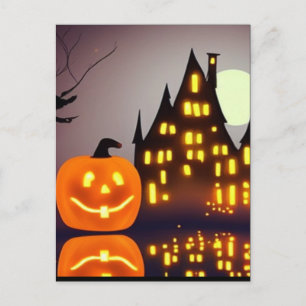 Halloween süßer Kürbis und Haus spooky Spaß  Postkarte