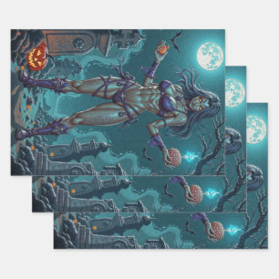 Halloween-Süßigkeit oder Zombie-Freundin mit Gehir Geschenkpapier Set