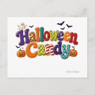 Halloween-Süßigkeiten gemusterte Bubble-Lettern Postkarte