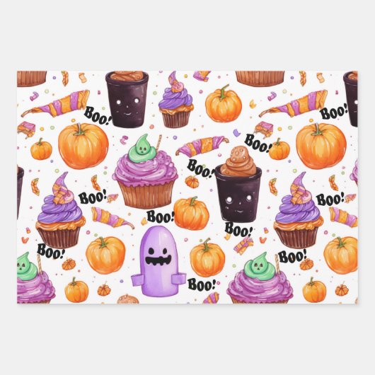 Halloween-Süßigkeiten, Leckereien und Jack-o-Later Geschenkpapier Set (Vorderseite)