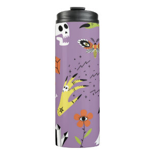 Halloween-Symbole, handgezeichnet Vintages Set. Thermosbecher