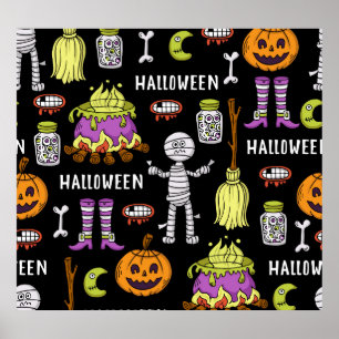 Halloween-Symbole, Vintages nahtloses Thema Poster