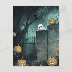 Halloween-Szene mit Ghost und Cat Postkarte