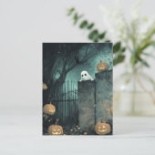 Halloween-Szene mit Ghost und Cat Postkarte (Stehend Vorderseite)