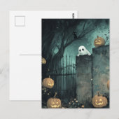 Halloween-Szene mit Ghost und Cat Postkarte (Vorne/Hinten)