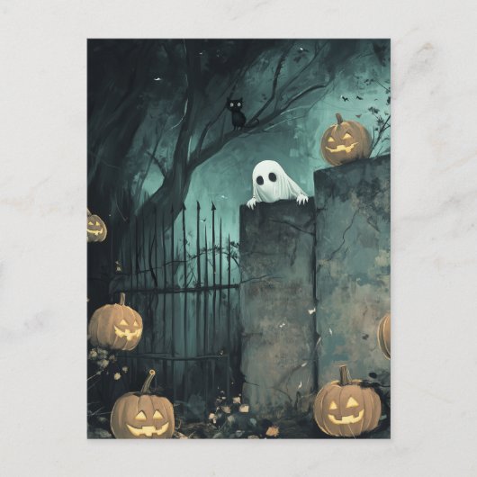 Halloween-Szene mit Ghost und Cat Postkarte (Vorderseite)