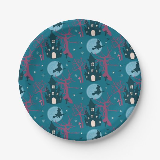 Halloween-Szene mit Himbeerrosa Bäumen Pappteller (Vorderseite)