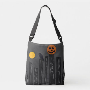Halloween-Szene mit Kürbis, Krähe und Mond Tragetaschen Mit Langen Trägern