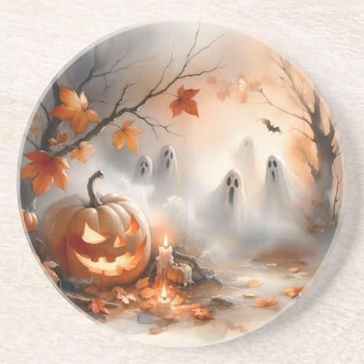 Halloween-Szene mit Kürbis und Geistern Getränkeuntersetzer (Vorne)