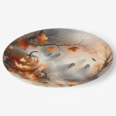 Halloween-Szene mit Kürbis und Geistern Pappteller (Schrägansicht)