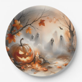 Halloween-Szene mit Kürbis und Geistern Pappteller