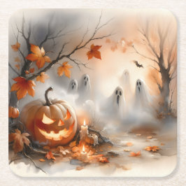 Halloween-Szene mit Kürbis und Geistern Rechteckiger Pappuntersetzer