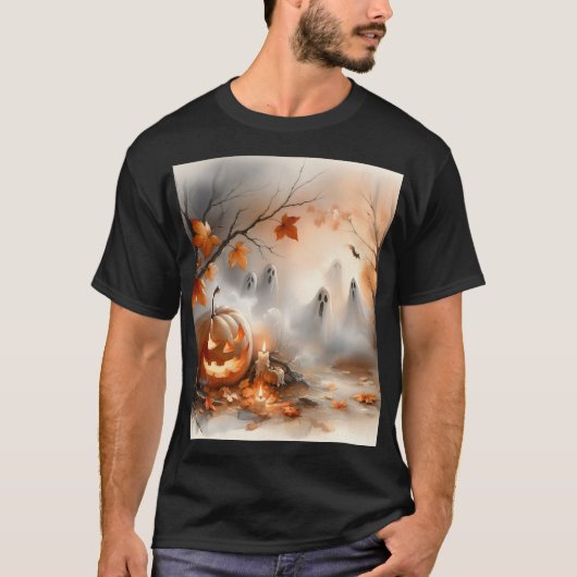 Halloween-Szene mit Kürbis und Geistern T-Shirt (Vorderseite)
