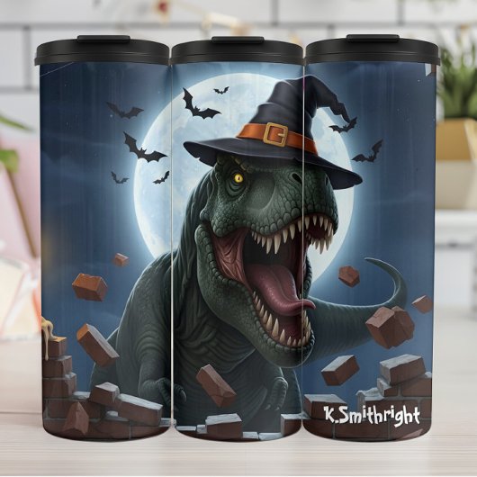 Halloween-T-Rex-Hexenhut-Fledermäuse Thermosbecher