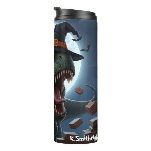 Halloween T-Rex Witch Hat Bats Thermosbecher (Nach rechts gedreht)