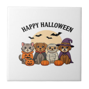 Halloween-T-Shirt mit süßen Katzen und Hunden in K Fliese