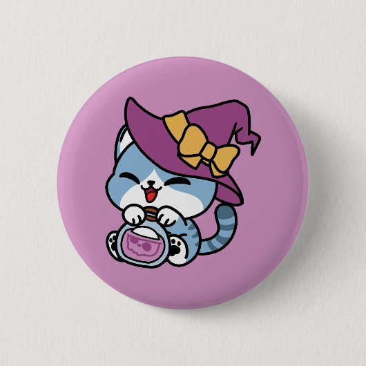 Halloween Tabby Cat – Witch Hat & Potion Art Button (Vorderseite)