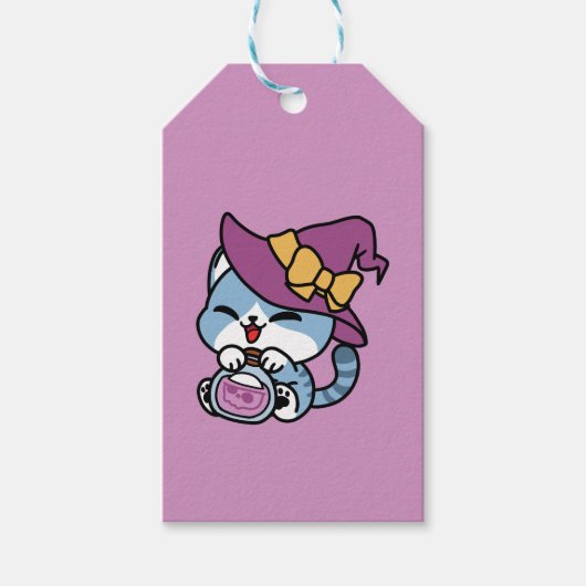 Halloween Tabby Cat – Witch Hat & Potion Art Geschenkanhänger (Vorderseite)