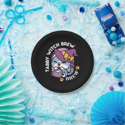 Halloween Tabby Cat – Witch Hat & Potion Art Pappteller (Party)