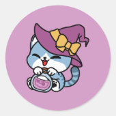 Halloween Tabby Cat – Witch Hat & Potion Art Runder Aufkleber (Vorderseite)