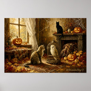 Halloween-Tabby-Katze-Scheunen-Eule-Wandkunst-Druc Poster