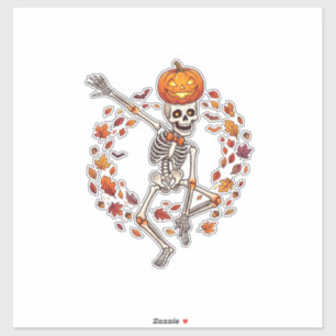 Halloween tanzendes Skelett Kürbiskopf Herbstlaub Aufkleber