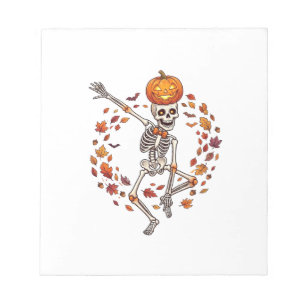 Halloween tanzendes Skelett Kürbiskopf Herbstlaub Notizblock
