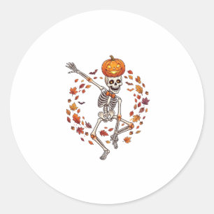 Halloween tanzendes Skelett Kürbiskopf Herbstlaub Runder Aufkleber