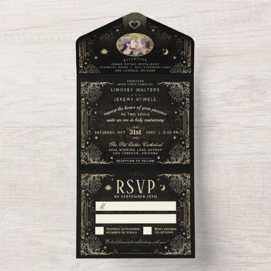 Halloween Tarot Black & Gold Foto "Together with" All In One Einladung (Innen Boden)