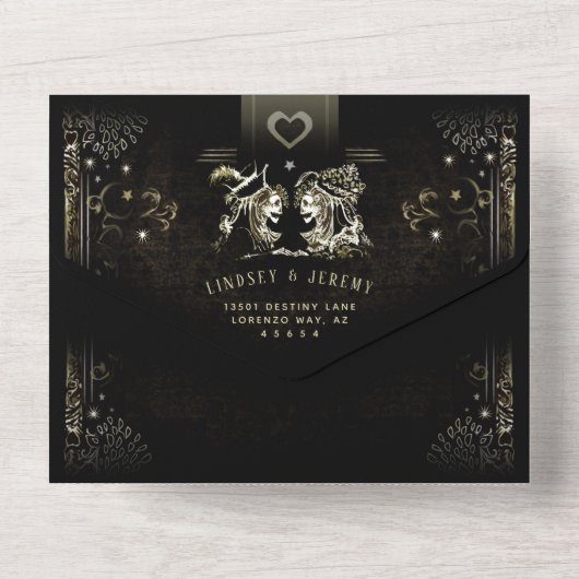 Halloween Tarot Black & Gold Wedding MENU All In One Einladung (Rückseite)