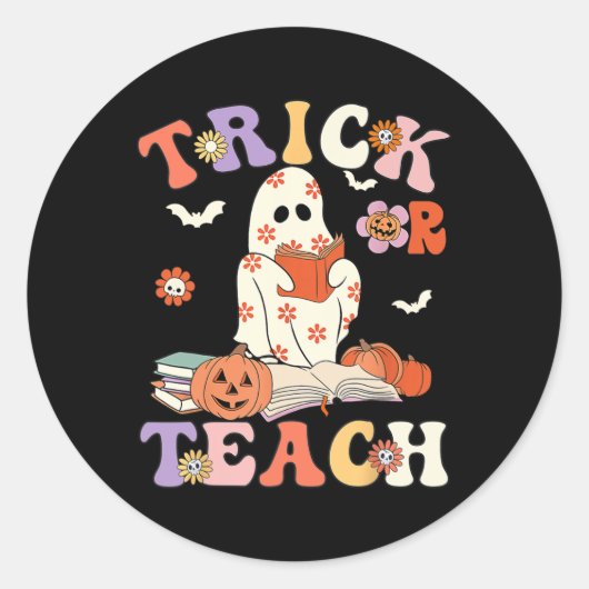 Halloween Teacher Trick oder lehren Groovy Floral Runder Aufkleber (Vorderseite)