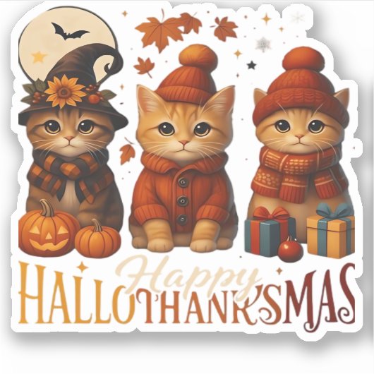 Halloween Thanksgiving Christmas Happy HalloThanks Aufkleber (Vorderseite)