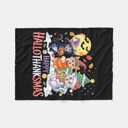 Halloween Thanksgiving Christmas Happy Hallothanks Fleecedecke (Vorderseite (Horizontal))