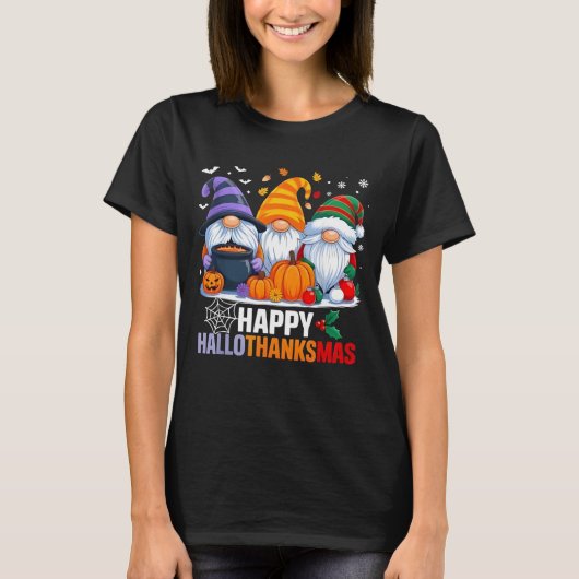 Halloween Thanksgiving Christmas Happy Hallothanks T-Shirt (Vorderseite)