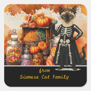 Halloween Thema für Katzenliebhaber mit Süßigkeite Quadratischer Aufkleber