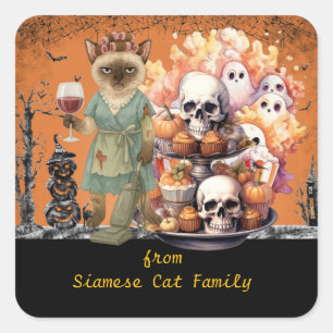 Halloween Thema für Katzenliebhaber mit Süßigkeite Quadratischer Aufkleber