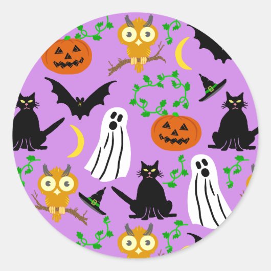 Halloween Theme Collage Toss Pattern Purple Runder Aufkleber (Vorderseite)