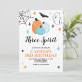 Halloween Three Spirit 3. Geburtstag Blue Pumpkins Einladung (Stehend Vorderseite)