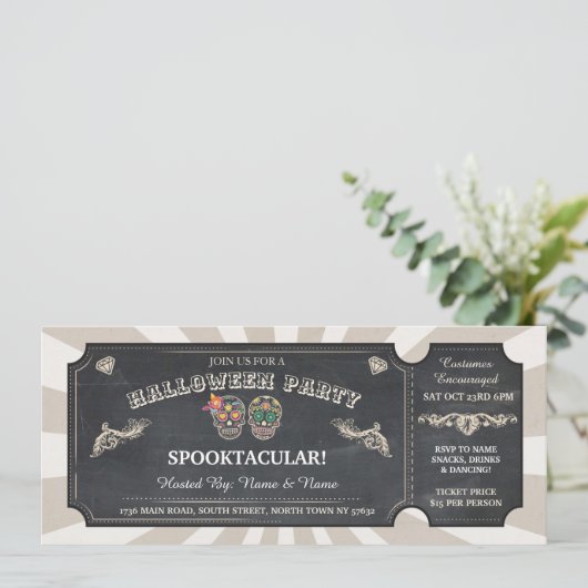 Halloween Ticket Sugar Skulls Party Spooky Event Einladung (Stehend Vorderseite)