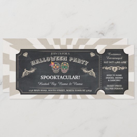 Halloween Ticket Sugar Skulls Party Spooky Event Einladung (Vorne/Hinten)