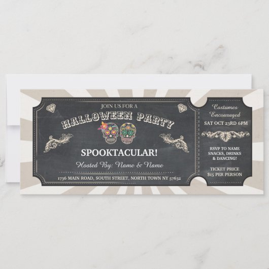 Halloween Ticket Sugar Skulls Party Spooky Event Einladung (Vorderseite)