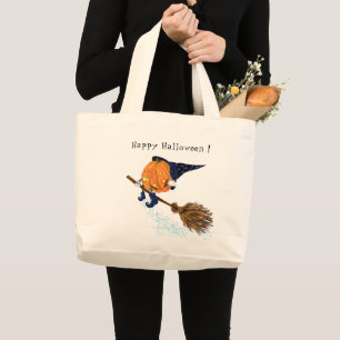 Halloween Tote Bag Witch Pumpkin Flying Broom  Jumbo Stoffbeutel