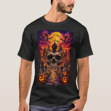 Halloween-Totenkopf- und Spukschloss-T-Shirt-Desi