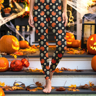 Halloween-Totenschädel, Kürbisse und Blumen Schwar Leggings