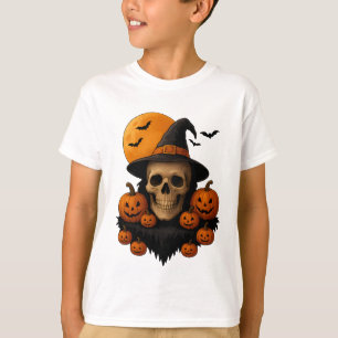 Halloween-Totenschädel mit Kürbissen und Hexenhut  T-Shirt