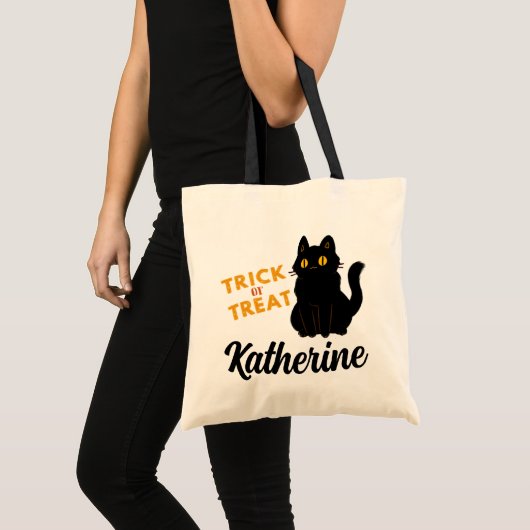 Halloween Trick oder Treat Black Cat Ihren Namen h Tragetasche (Vorderseite (Produkt))