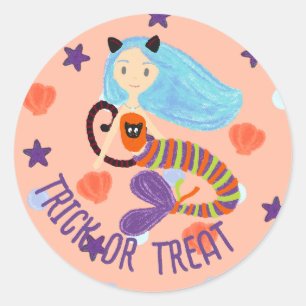 Halloween Trick oder Treat Pastel Mermaid Cat Runder Aufkleber